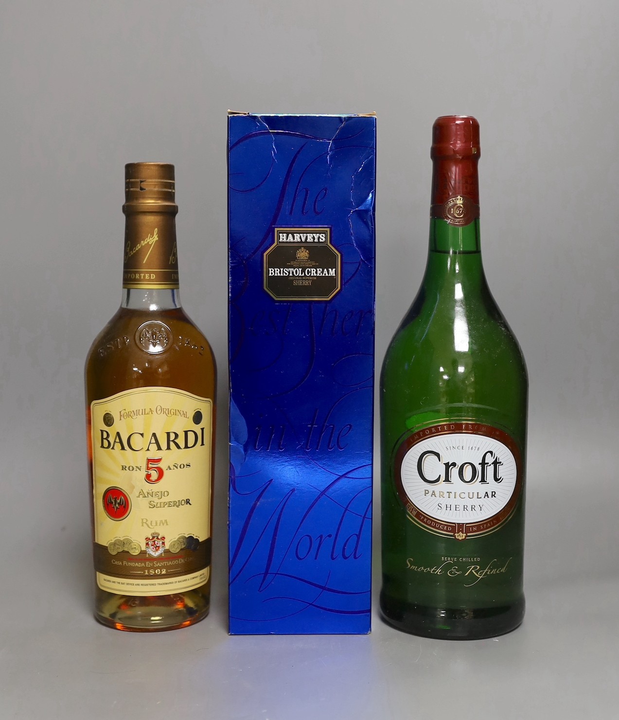 5 bottles of Croft original sherry, 2 bottles of Croft particular sherry, two Harvey’s Bristol cream original sherry, another Harvey’s solera sherry and one bottle of Bacardi 5 year añejo superior rum